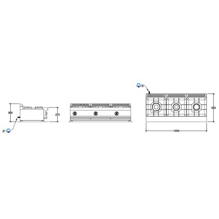 Dimensions du fourneau gaz 22.5 kW 3 feux REPAGAS ref. CG-530/M