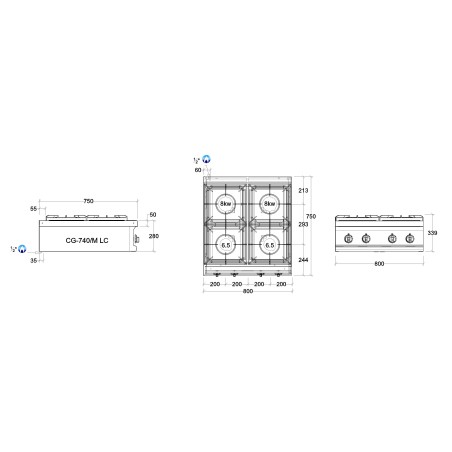 Dimensions du fourneau gaz 29 kW 4 feux Power Line REPAGAS