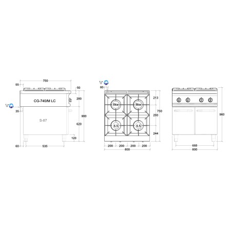 Fourneau gaz sur meuble 29 kW 4 feux Power Line REPAGAS