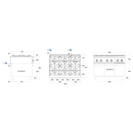 Dimensions du fourneau gaz sur meuble 43.5 kW  6 feux Power Line REPAGAS