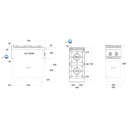 Dimensions du fourneau gaz 29 kW 4 feux Pro Line REPAGAS ref. CG-740/M