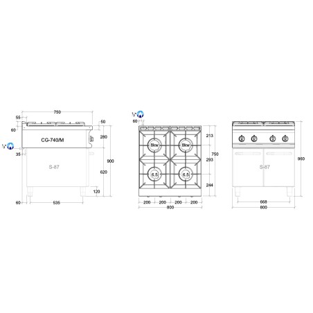 Dimensions du fourneau gaz sur meuble 29 kW 4 feux Pro Line REPAGAS