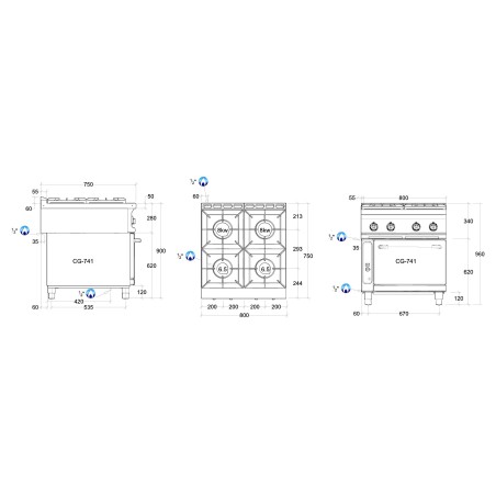 Dimensions fourneau série 750 - 4 feux sur four gaz Pro Line REPAGAS ref.CG741