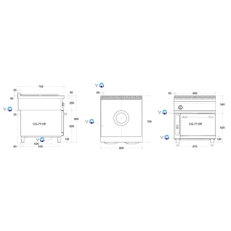 Dimensions fourneau série 750 - 1 feu sur four gaz Pro Line REPAGAS ref.CG-711/R