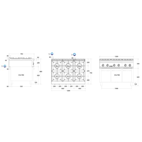 Dimensions du fourneau gaz sur meuble 43.5 kW 6 feux Pro Line REPAGAS ref. CG-760