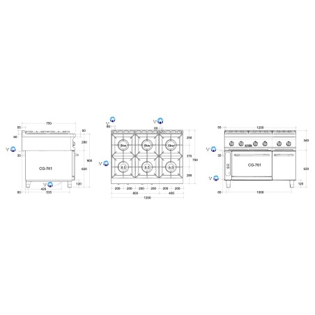 Dimensions fourneau série 750 - 6 feux sur four gaz Pro Line REPAGAS ref. CG761