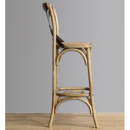 Tabouret de bar bois patiné naturel avec dossier croisé BOLERO