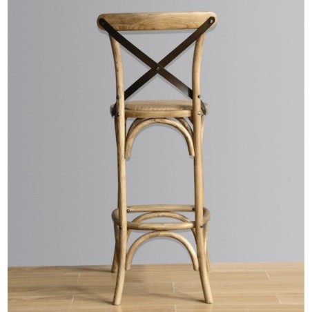 Tabouret de bar bois patiné naturel avec dossier croisé BOLERO