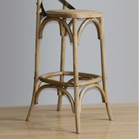 Tabouret de bar bois patiné naturel avec dossier croisé BOLERO