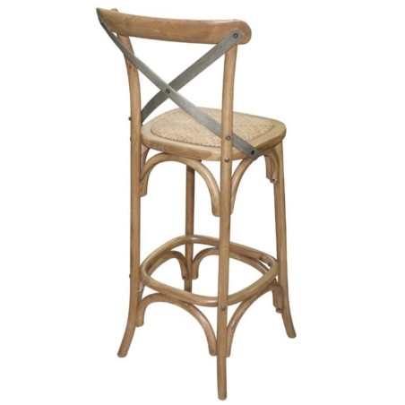 Tabouret de bar bois patiné naturel avec dossier croisé BOLERO