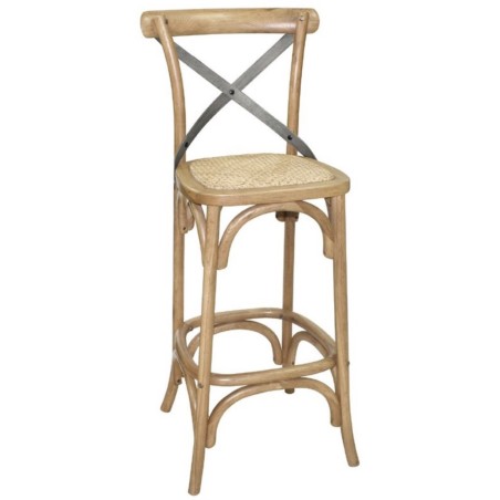 Tabouret de bar bois patiné naturel avec dossier croisé BOLERO