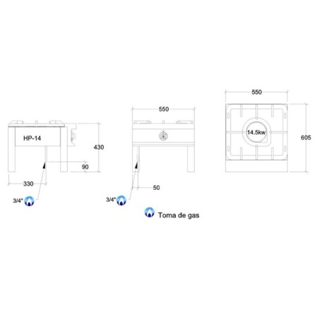 Dimensions Réchaud gaz traiteur 14 kW 1 feu REPAGAS, Ref. HP-14