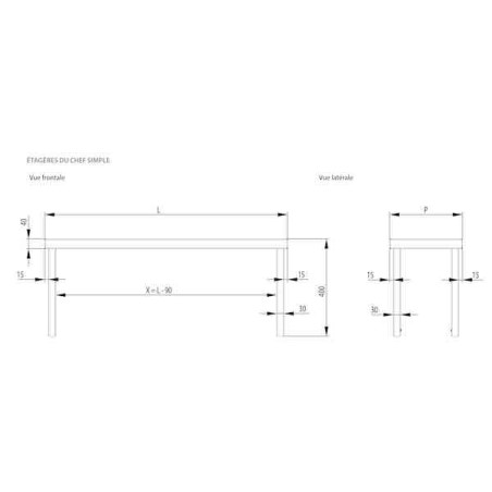 Dimensions étagère de chef simple inox 441 soudée profondeur 300mm STALGAST