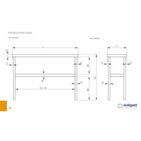 Dimensions étagère de chef double inox 441 soudée profondeur 300mm STALGAST